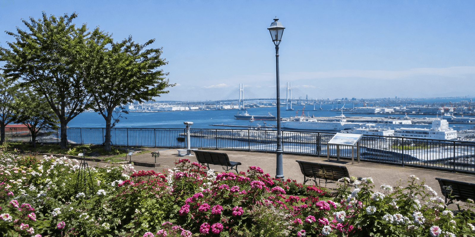 Rose garden and harbor view toward Yokohama Bay Bridge at Harbor View Park, Minato-no-Mieru Oka Koen, Yamate, Yokohama